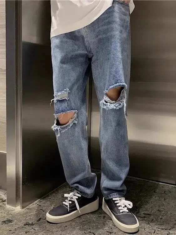 

Модные рваные свободные прямые мужские джинсы в корейском стиле, осенние, в стиле панк, синие, из денима, повседневная одежда для школы и на каждый день