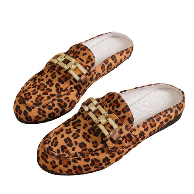 Ladies Shoes Hot Sale Closed Toe Women\'s Slippers Autumn Suede Leopard Print Metal Decoration Shoes Female Flat Casual Slippers