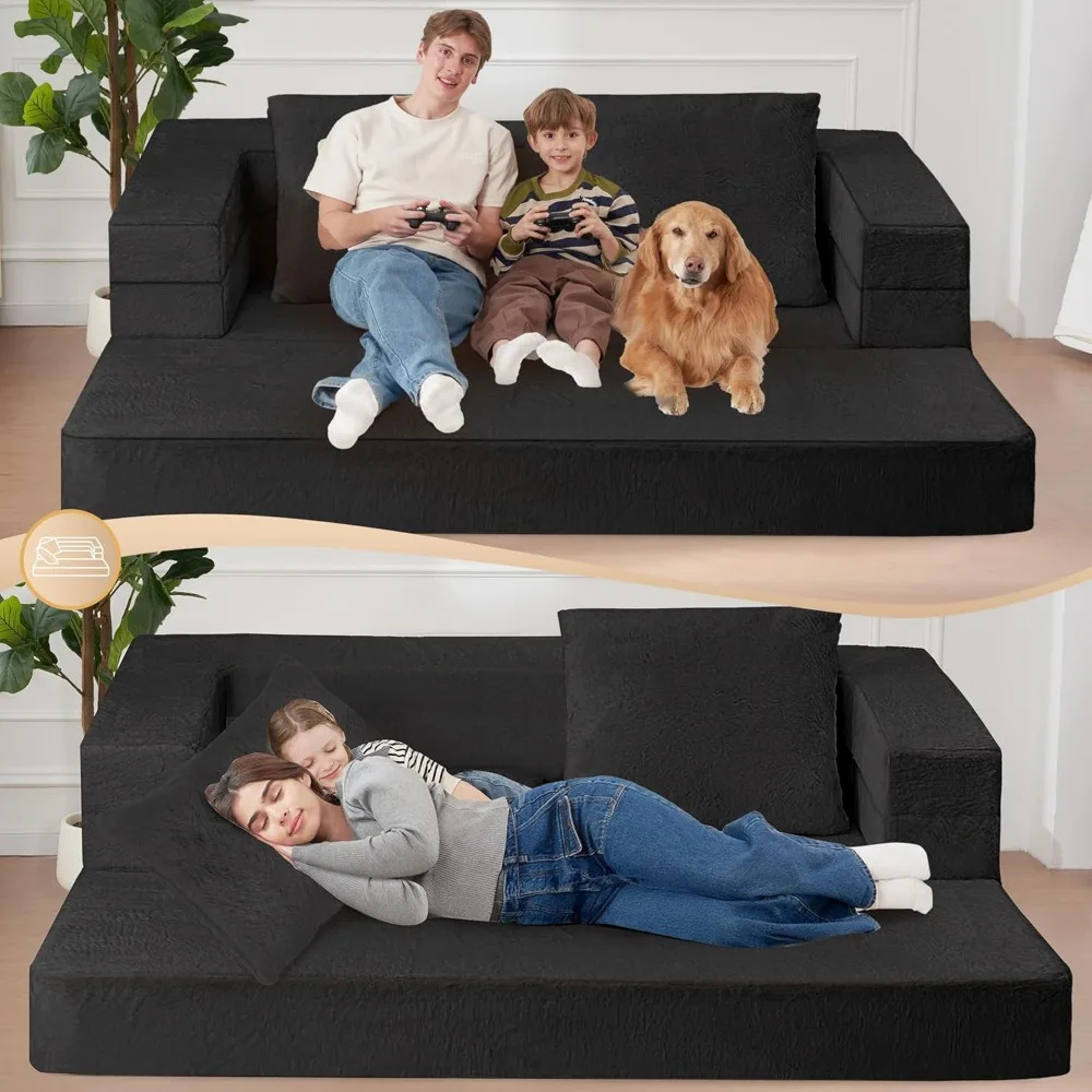 أريكة كيس فول قابلة للتحويل للبالغين، أريكة أرضية من الفرو الصناعي، سرير كيس القماش الكبير مع وسادة #6