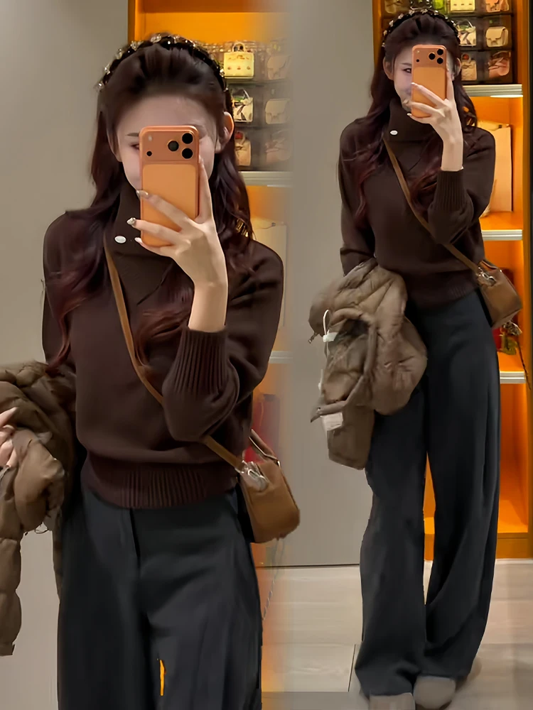 خريف شتاء جديد Sle طويل Sve محبوك سترة المرأة Faion أيقونة الحد من العمر فضفاضة تناسب عالية طوق اللون