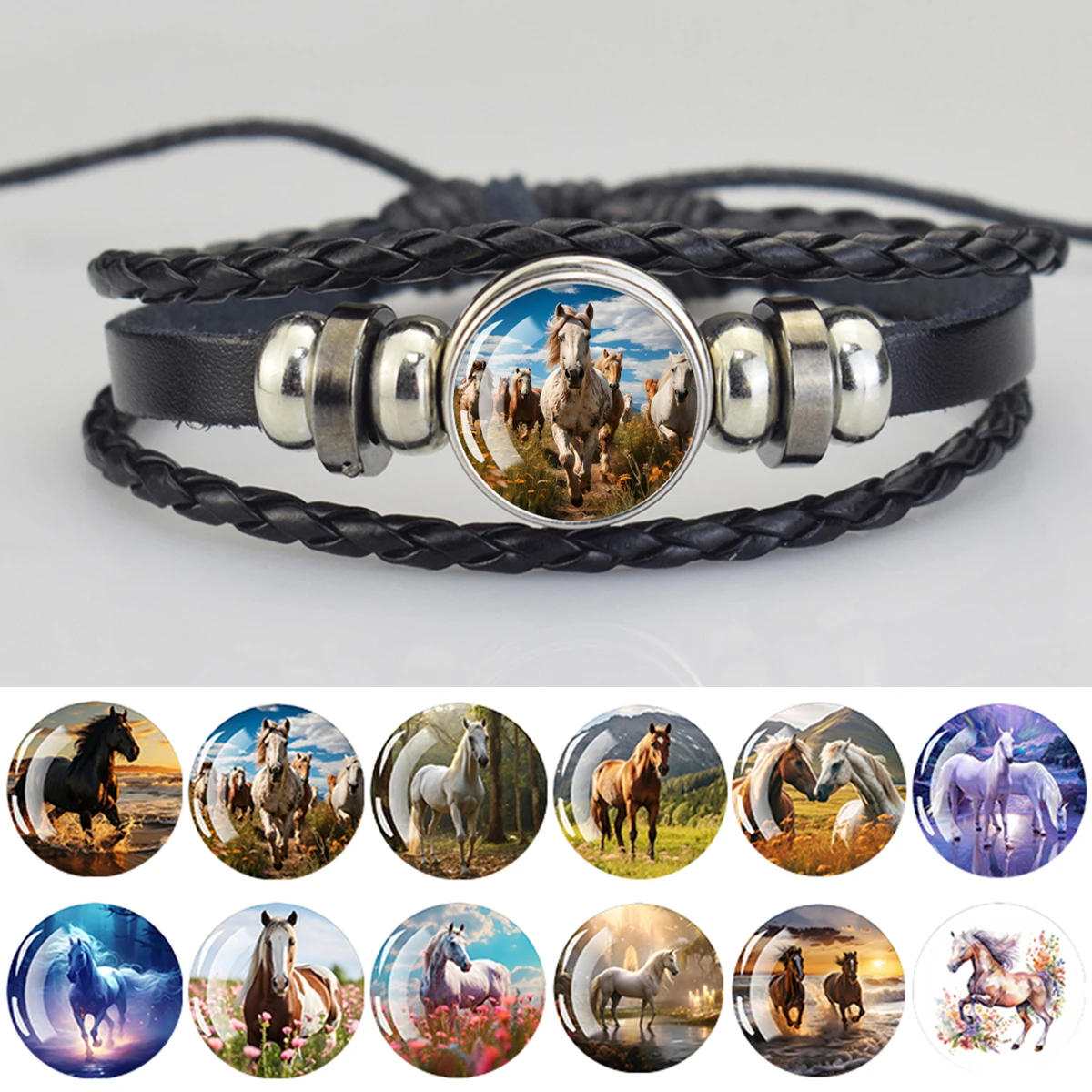 Horse Bracelet White Brown Horse Galloping Love Bracelet for Women Men Glass Dome Black Leather Weave Bangle Animal Jewelry Gift