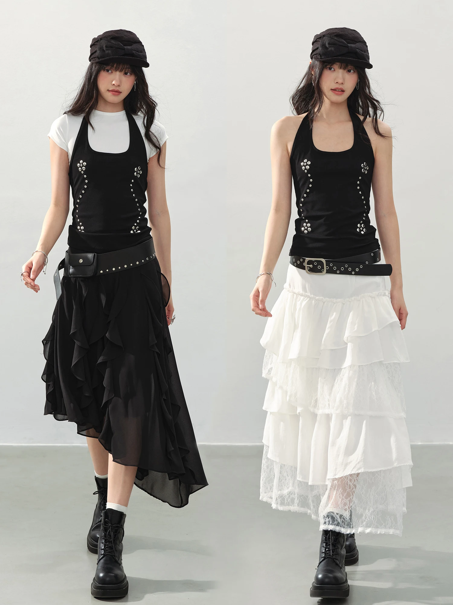 

Ddgirl Black Swan Dance Rivet Neck Hanging Vest Top Cool Slimming Short Sleeve T-Shirt Two-Piece Set Women's Fashion Summer C...