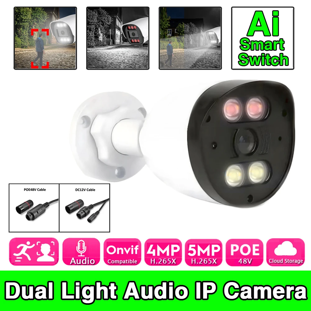 

AI Audio IP POE 5MP 4MP Camera Mic Infrared Full Color Dual Light RTSP Xmeye Outdoor Waterproof with Semi-metallic Design ICSEE