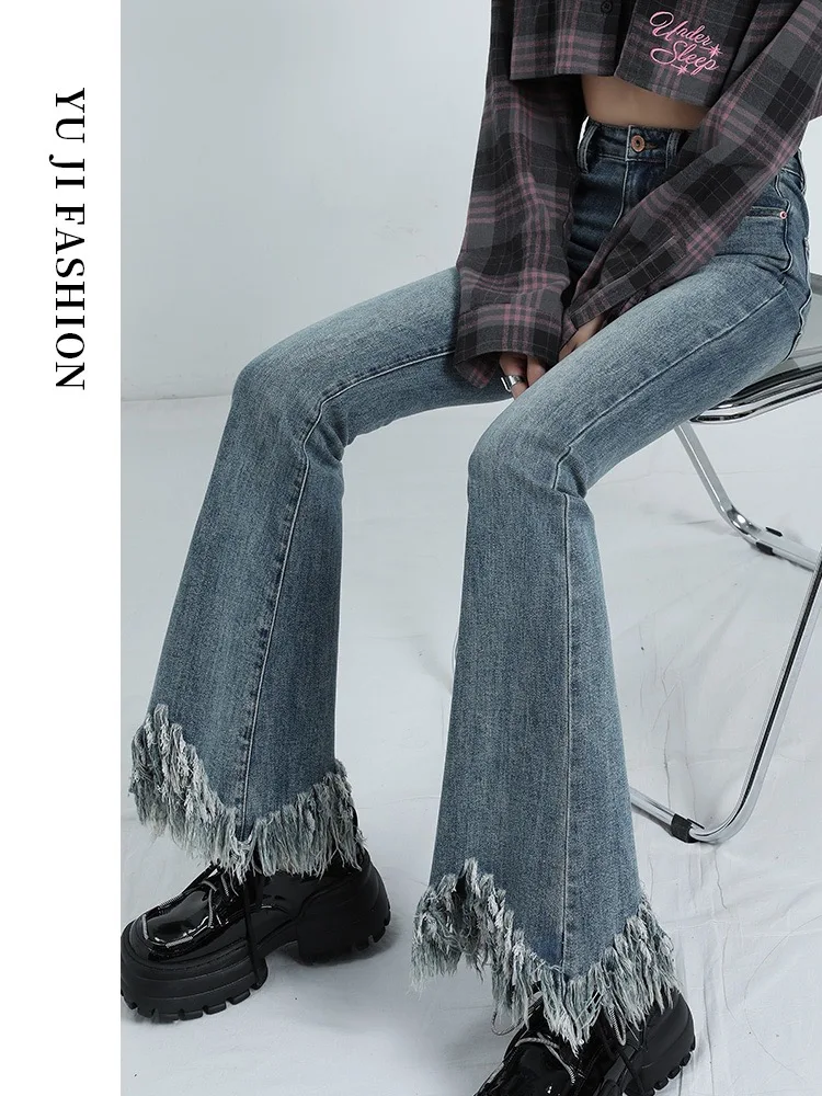 

Джинсовые джинсы-колокольчики с высокой талией, женские весенне-летние новые облегающие джинсы с бахромой в стиле ретро, утягивающие джинсы-копыта