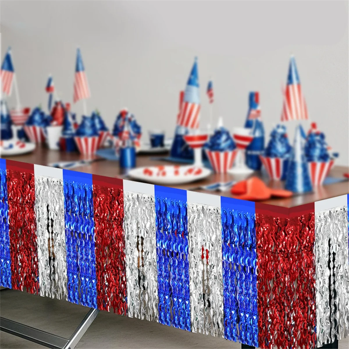 

Y31A, 4 упаковки, украшения на 4 июля, металлическая фольга, бахрома, мишура, юбки для стола, патриотические красные, белые, серебряные украшения для вечеринок