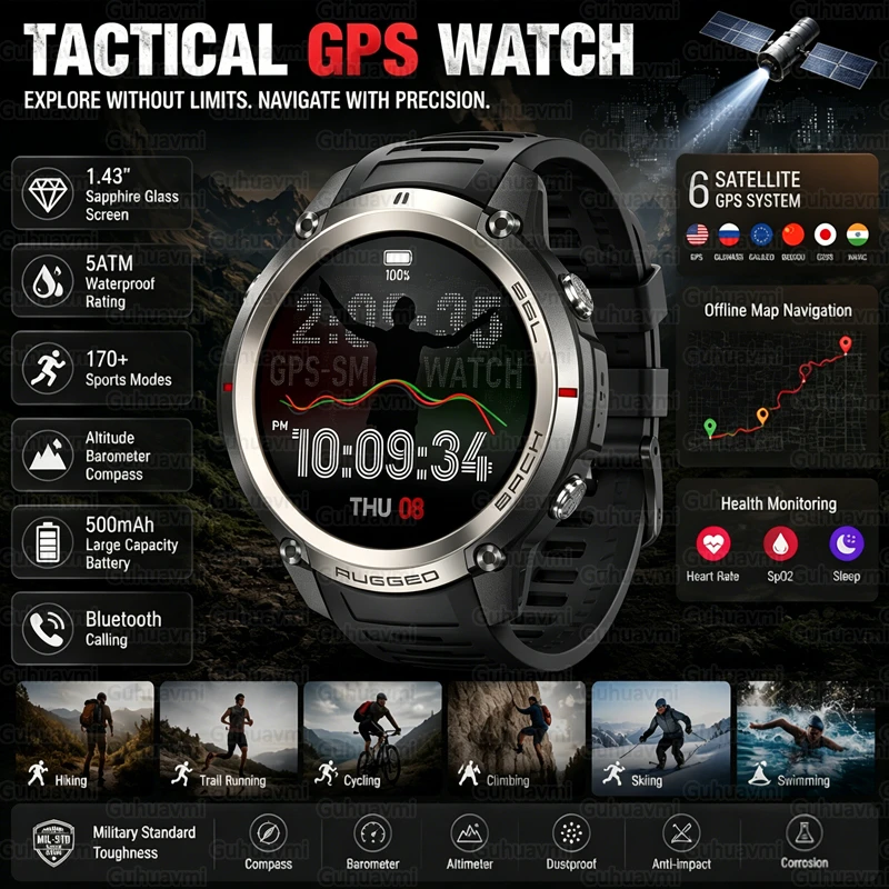 

Outdoor Tactical Smartwatch Men 5ATM Waterproof Military Grade GPS Offline Maps Altimeter Compass Health Monitor Sports Watches