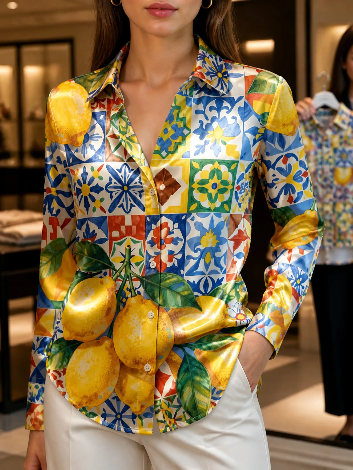 Blusa Satinada Azul Amarillo Limón para Mujer, Camisa de Manga Larga con Botones, Boutique, Compras, Vacaciones, Elegante, Tops Sedosos