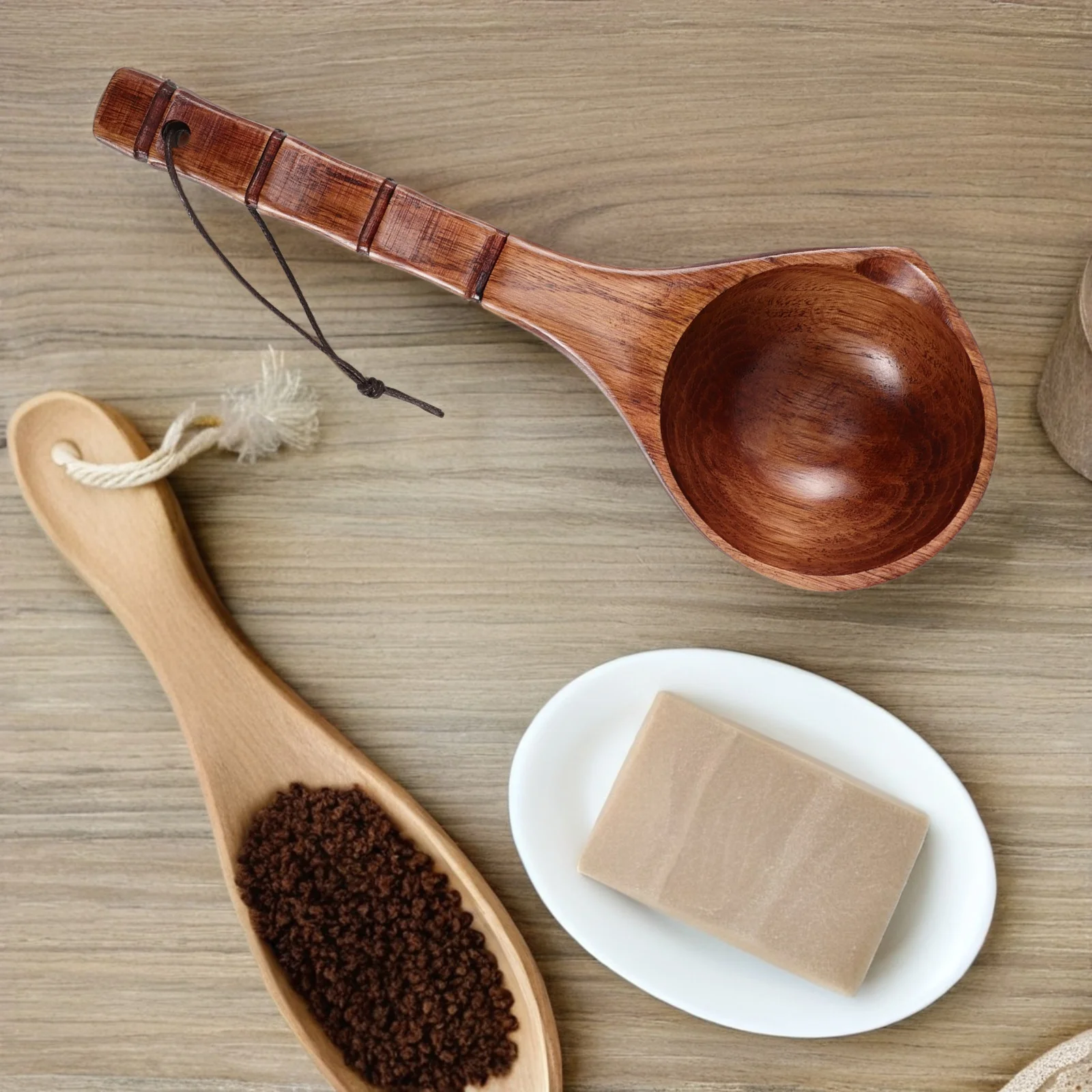 مغرفة مياه خشبية مقبض طويل الحبوب الطبيعية حمام مغرفة للاستحمام ساونا حفل الشاي حديقة استخدام براعة دائمة #3