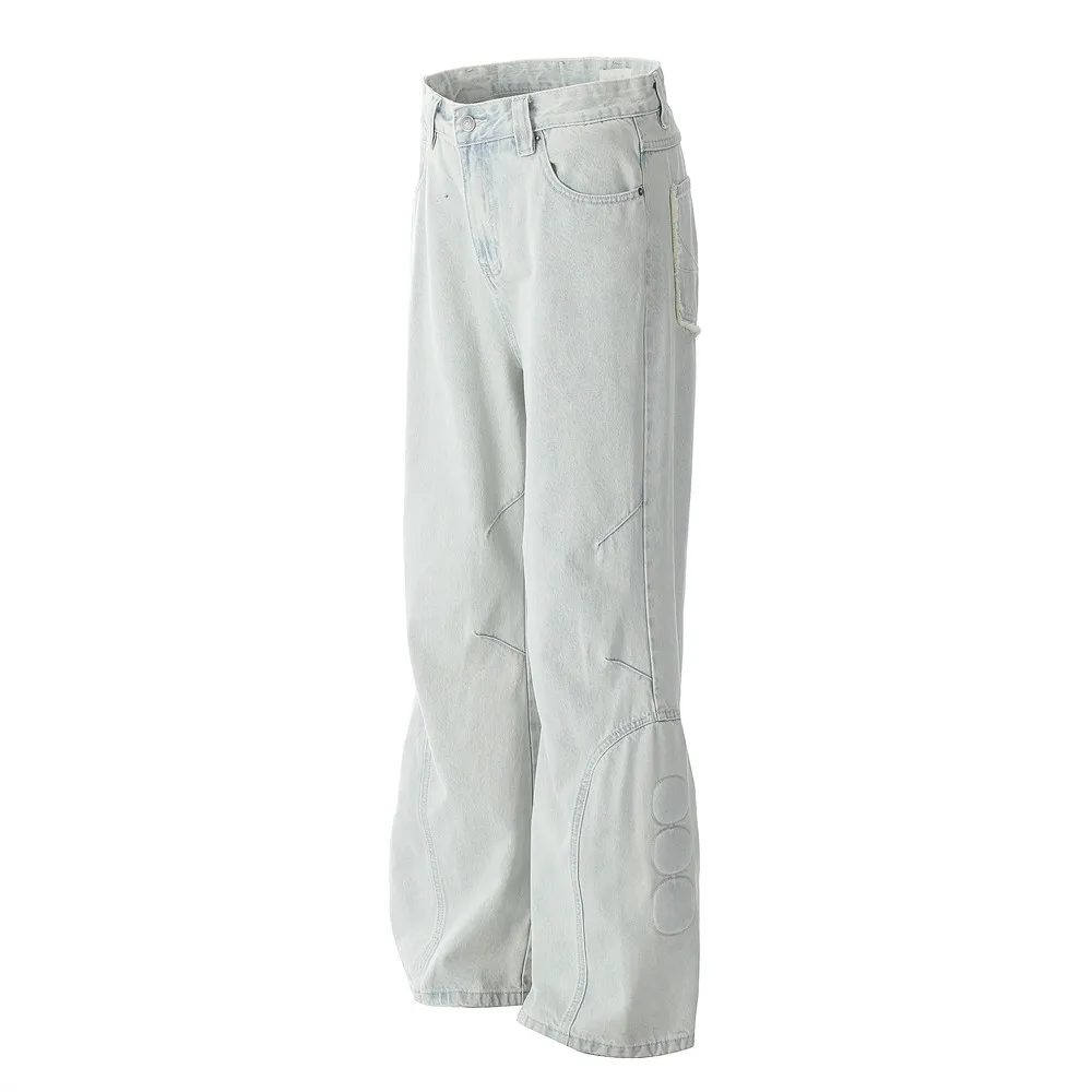 Raw Edge Pocket Jeans Herren High Street Retro Washed Distressed Spliced Loose Wide Leg Denim Pants Herren – Detail 7