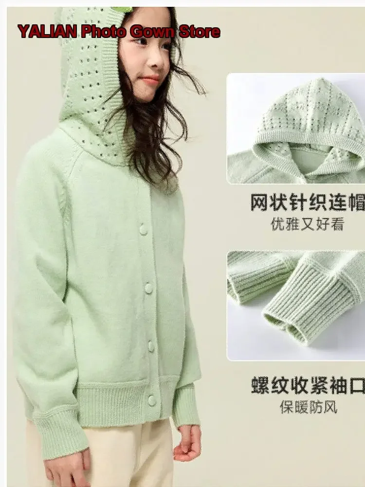 Girls Knit Cardigan Kids Autumn Round Neck Knit Top Solid Color Older Kids