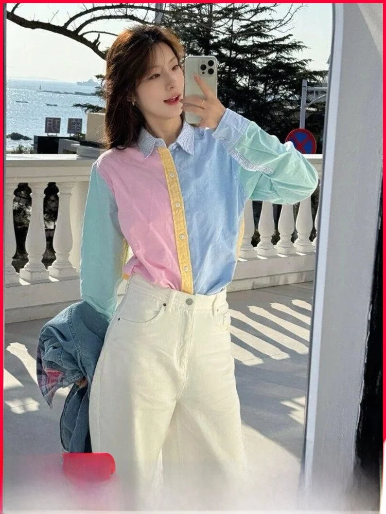 

Рубашка унисекс из 100% чистого хлопка с длинным рукавом, цвета макарон, повседневный стиль, стандартный крой, на пуговицах, для весны и лета