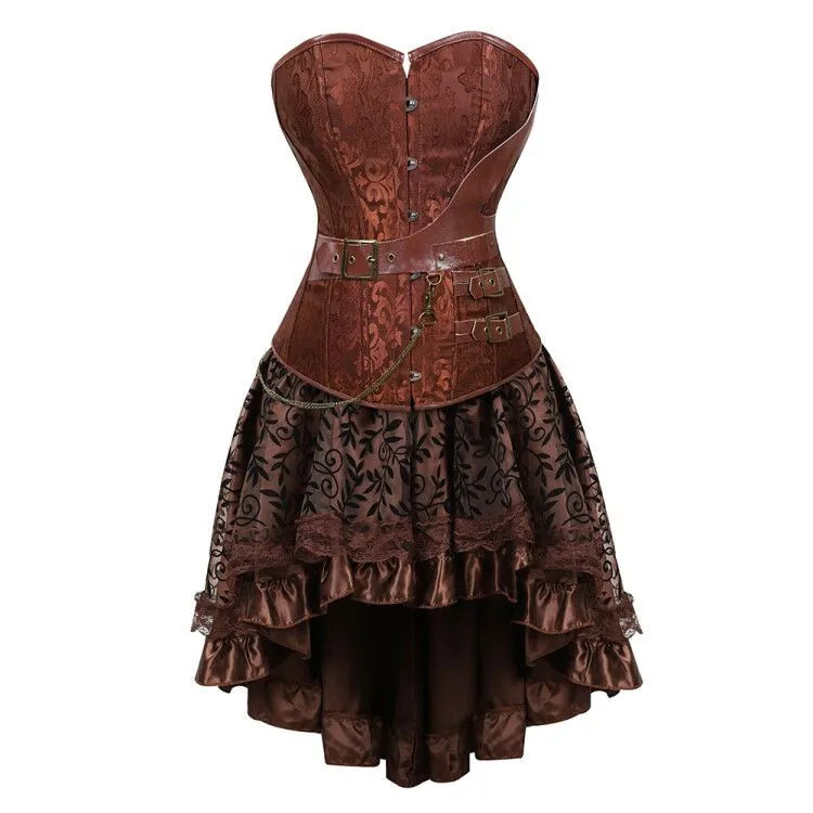 Women\'s  Corset Dress Sexy Gothic Victorian Steampunk Leather Overbust Corsets and Bustiers Skirt Party Waist Trainer Plus Size