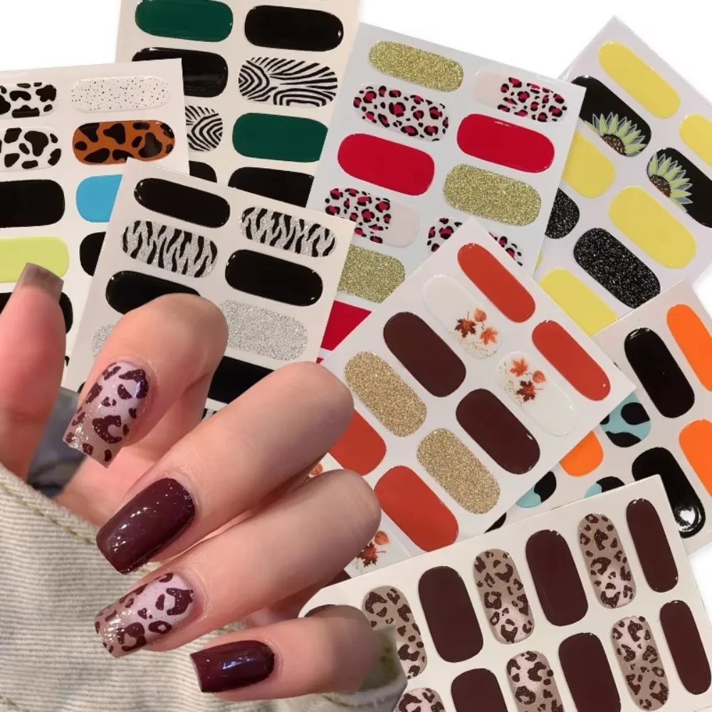 32 Strips Autumn Nail Stickers Full Cover Semi Cured Nail Patch Long Lasting Leopard Print Gel Nail Polish Strips