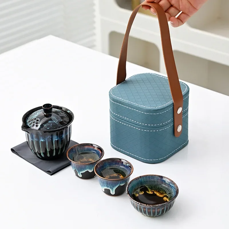 Kiln Brushed Travel Tea Set Ceramic Complete Set One Pot Three Cups Teapot Outdoor Portable Tea Cup Gradient Gift Colorful Cups