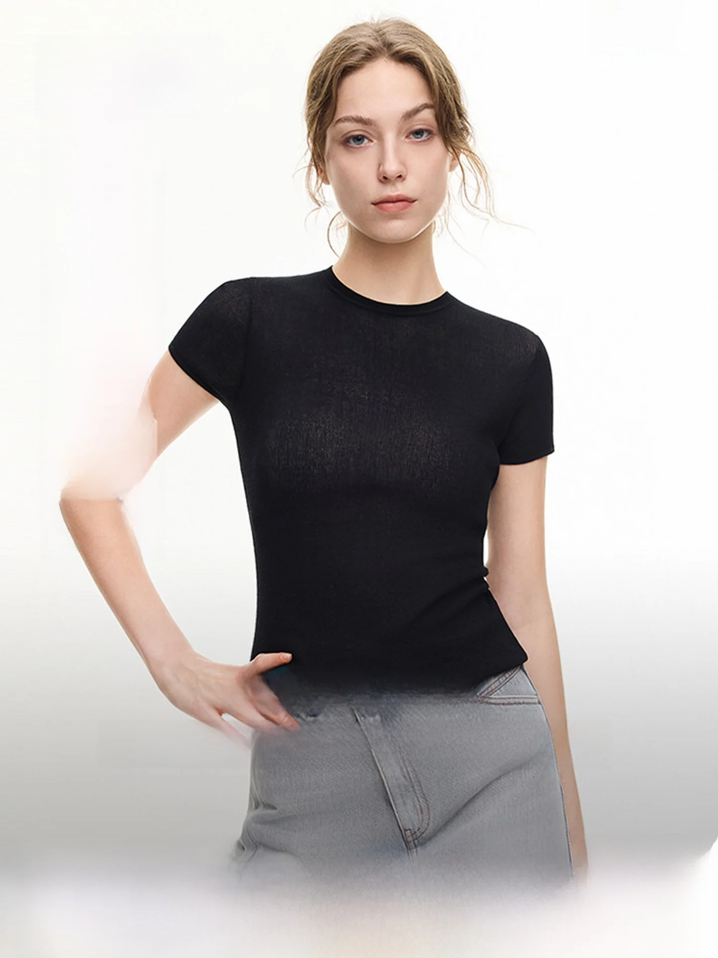 Elle Women's Slim Fit Short Sleeve T-Shirt Design Sensation Summer New Style Shoulder Width Regular Cotton Nylon Blend