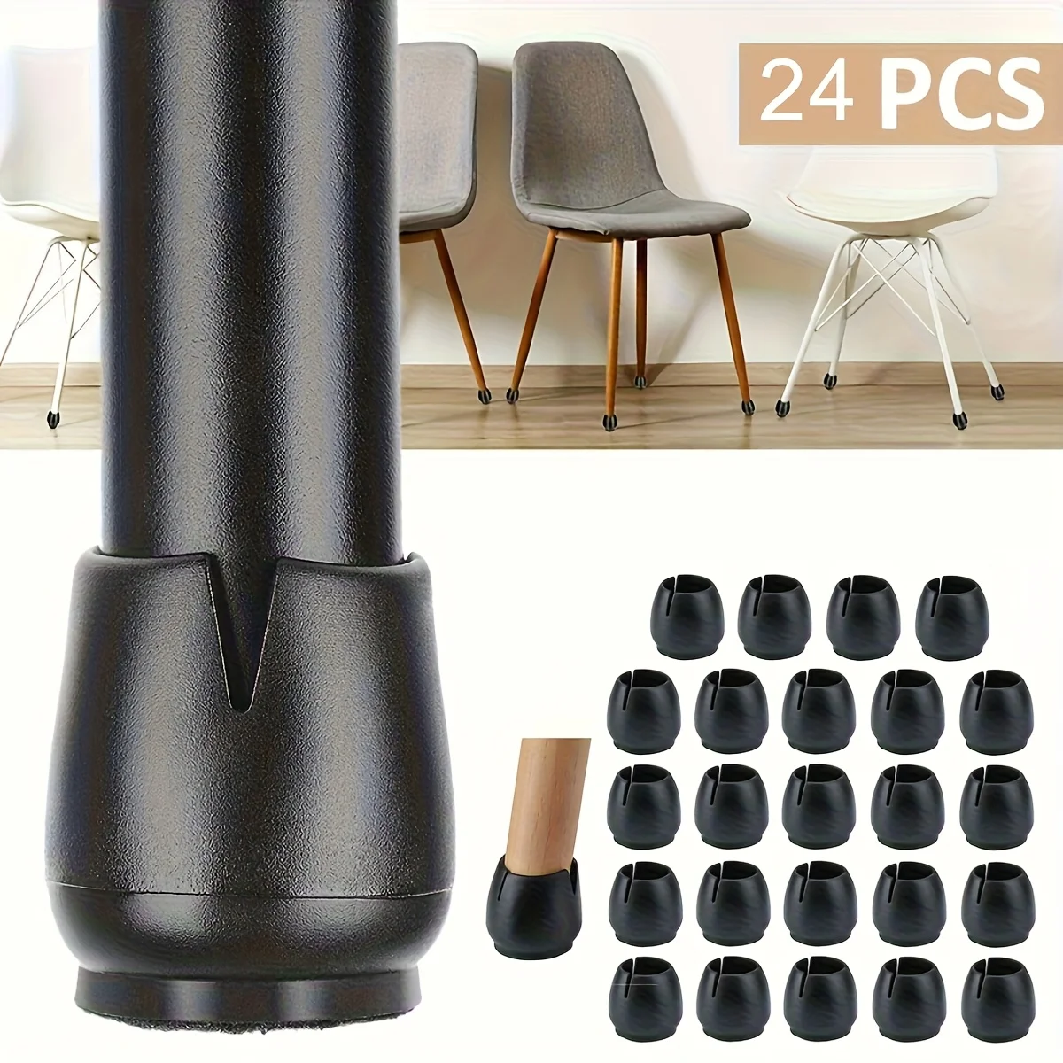 

24pcs Black Round Solicone Table Chair Legs Protective Covers Non-Slip Felt Pads Fit For 12-16mm