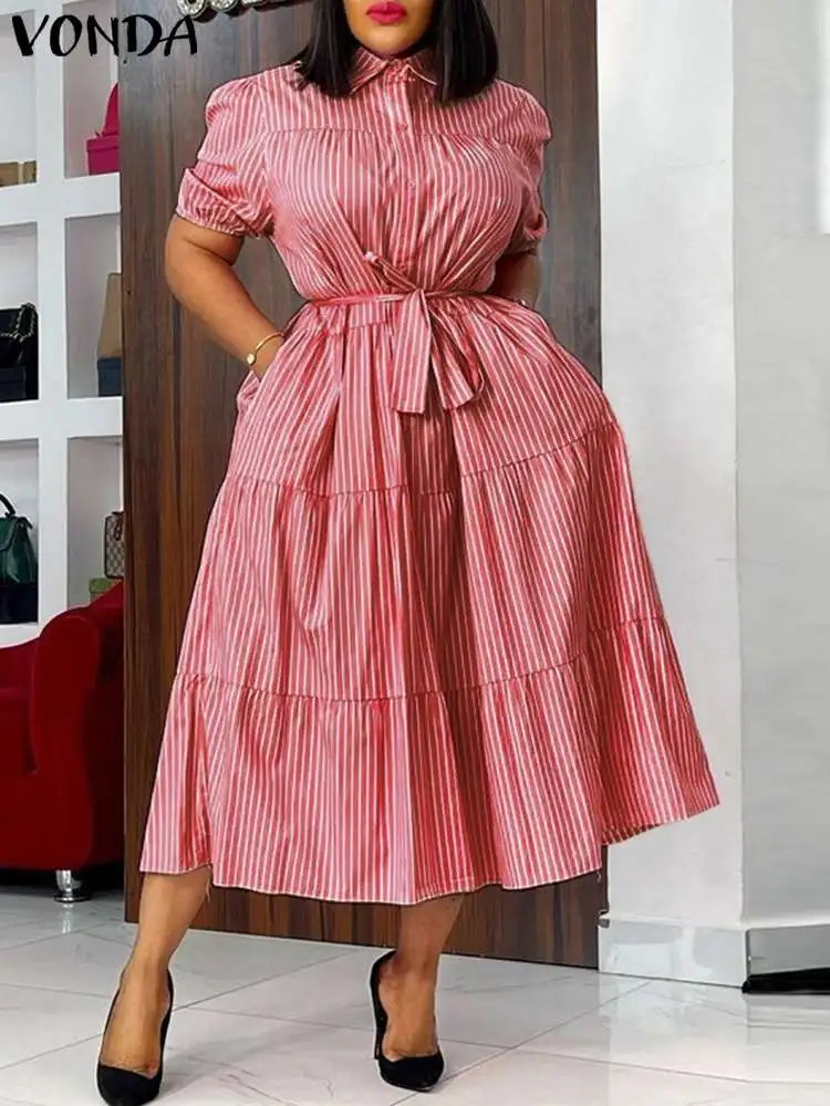 VONDA Women Dress Plus Size 5XL 2024 Summer Short Sleeve Casual Elegant Shirt Sundress Elegant Loose Stripe Vestidos Belted