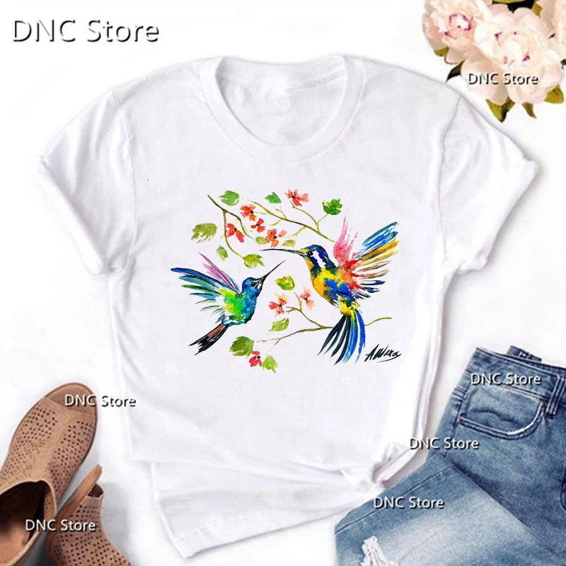 Tee Shirt Femme Funny European Goldfinch，Long Tailed Titb Bird Animal Print Tshirt Women Fashion Casual Femme Tshirt O-Neck Tops