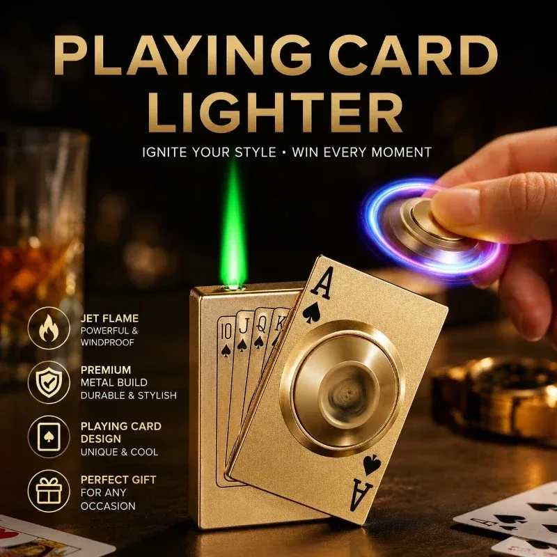 Drehbares Metall-Pokerfeuerzeug, Aufblasbares Windfestes Jet-Flammen-Butanfeuerzeug, Personalisiertes Outdoor-Feuerzeug, Raucher-Geschenk für Männer