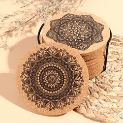 12Pcs Mandala Design Round Shape Wooden Coasters With Rack Round Cork Coaster
