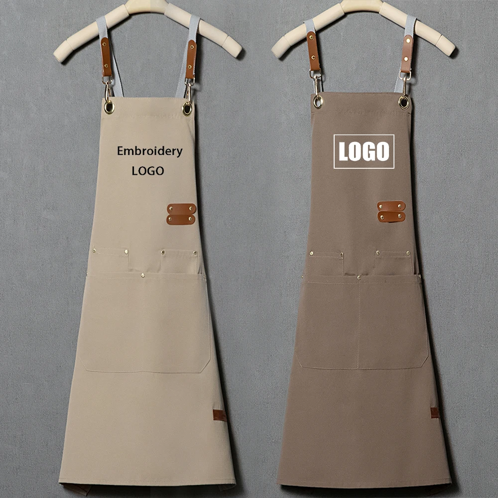 

Custom Embroidery Printing Logo Men Women Kitchen Chef Baking Pockets Adult Restaurant Uniform Overol Nails Waterproof Apron