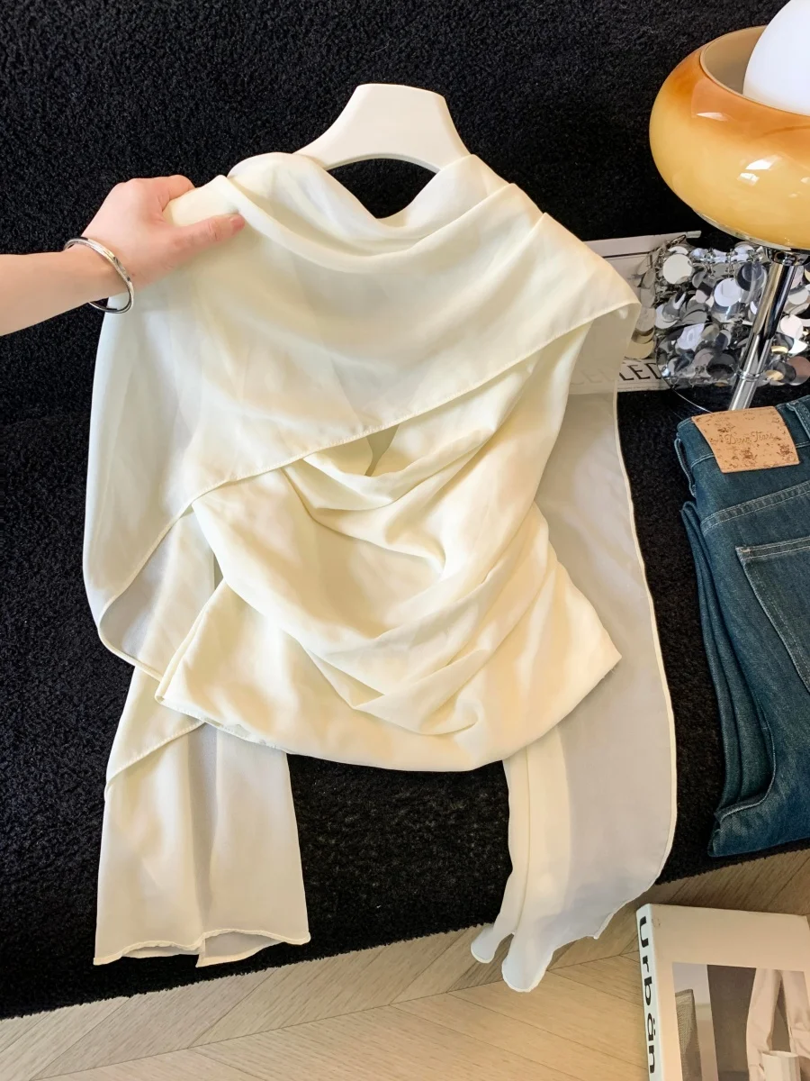 

Gentle Wind Mesh Shoulder Wrap Short Shirt Women Summer 2026 Unique Beautiful Super Cute Waist Cinched round Neck Top