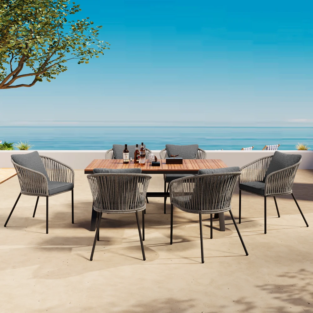 

7 Pieces Patio Dining Set, All-Weather Outdoor Furniture Set with Dining Table and Chairs, Acacia Wood Tabletop, Metal Frame
