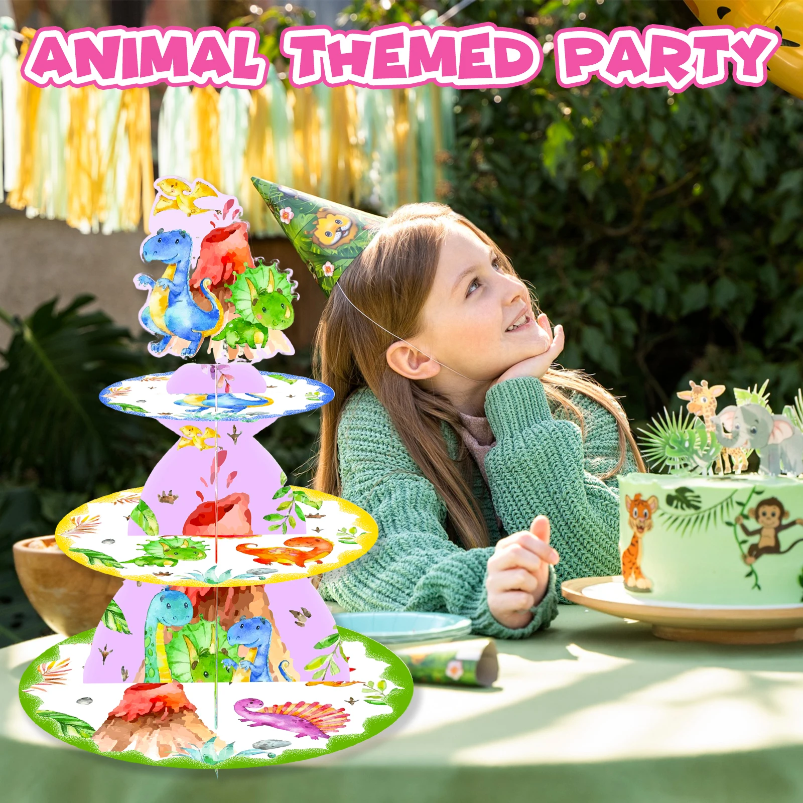 Support à cupcakes dinosaure, décorations de fête d'anniversaire à 3 niveaux pour enfants, garçons et filles, thème dinosaure, présentoir à cupcakes en carton S