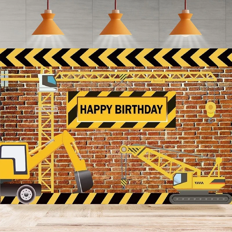 Boy's Construction Theme Photography Backdrop Bricks Builder Dump Trucks Happy Birthday Background Party Backdrop Wall Banner