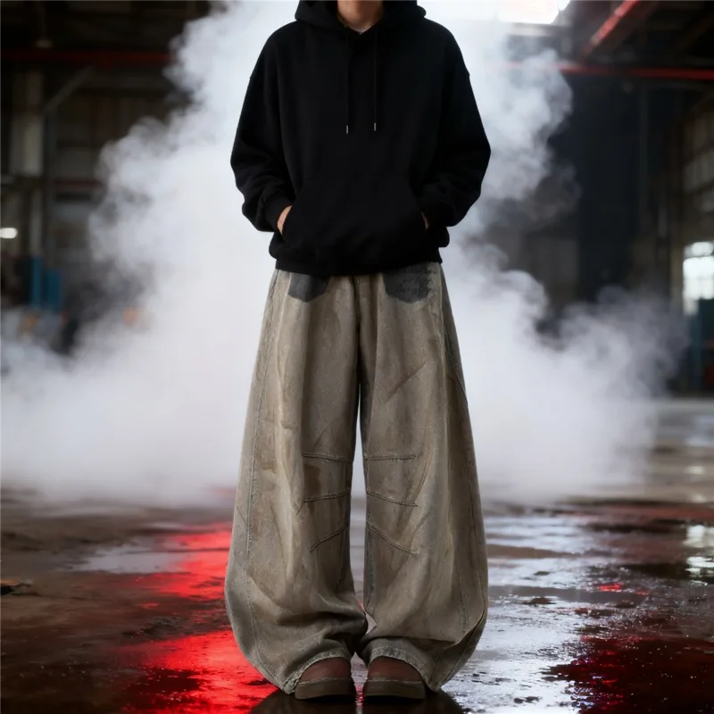 

Spring American Style Men Denim Pants Letter Star Printing Contrast Color Washed Loose Dirty-dying Male Curved-knife Jeans