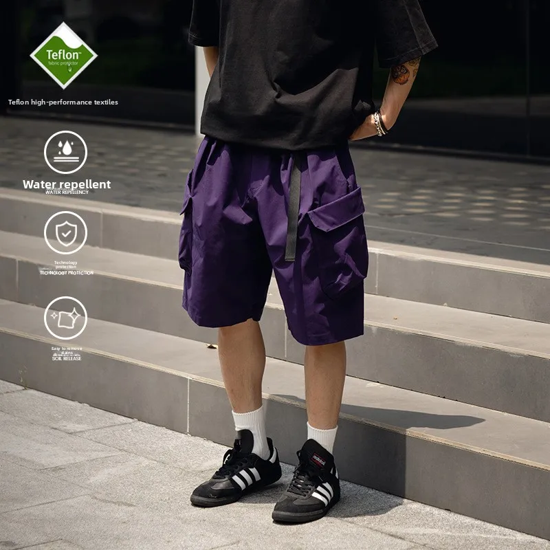 

Men's Outdoor Five-Quarter ort Pants Tee-Resistant Double-Fold Waist Belt Functional Workwear Loose Fit Nylon Fabric