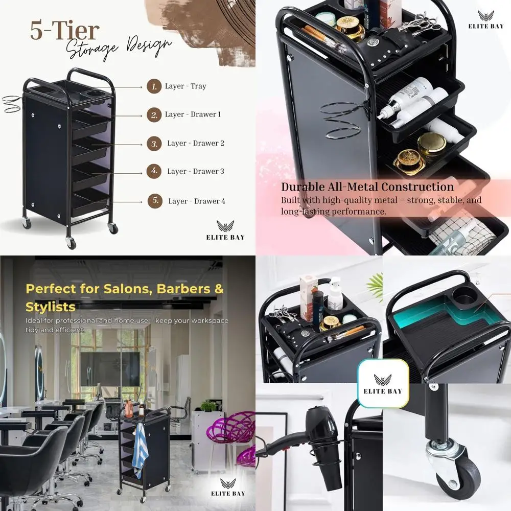 Stylish Multi-Tier Rolling Cart Organizer - Durable Beauty Storage with Wheels for Hair Tools, Makeup, and Spa Essentials in Bla