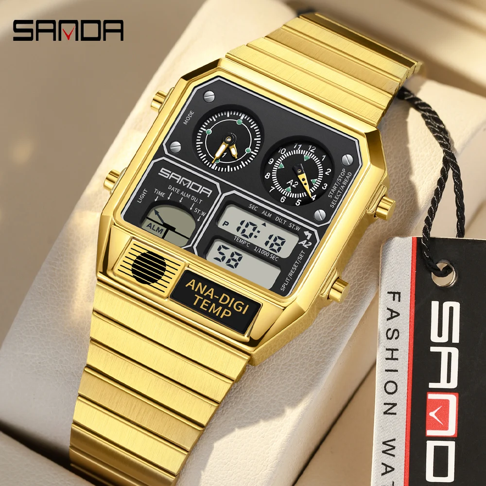 Reloj de pulsera Digital cuadrado electrónico SANDA para hombre, cronómetro con medición de temperatura de acero inoxidable, alarma, calendario, reloj deportivo