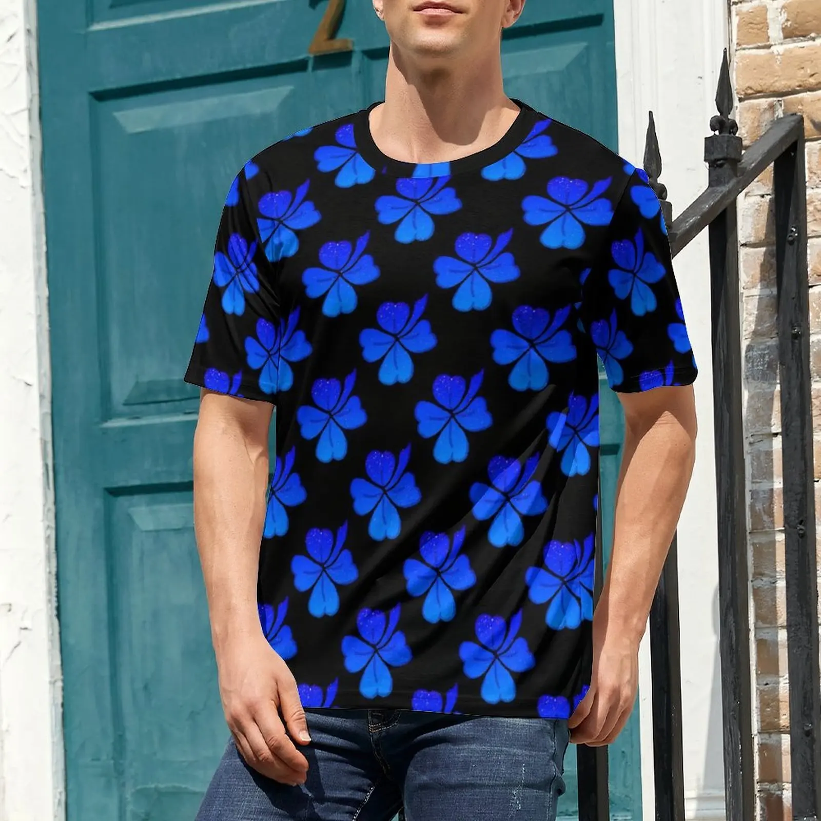 Oversized T-Shirt Premium St Patricks Day T Shirts Blue Shamrock Print Funny O Neck Tshirt Man Retro Pattern Top Tees
