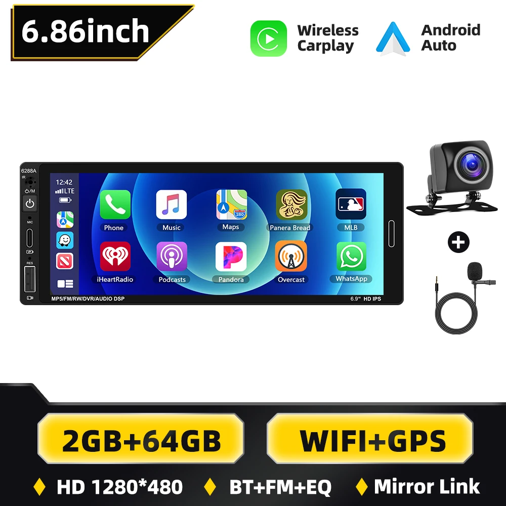 Podofo 2+64G Android 1 Din autoradio met Carplay, Android Auto, Bluetooth, WIFI, GPS, multimediaspeler en FM-ontvanger
