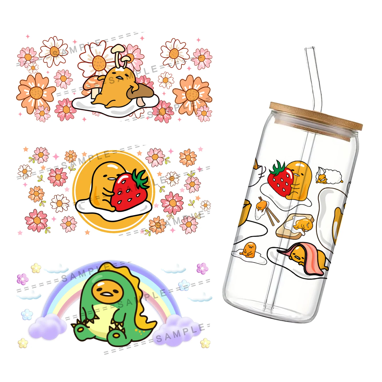 Gudetama Sanrio 11x24cm Cup Wrap Sticker 16oz UV DTF Laptop Waterproof Sticker