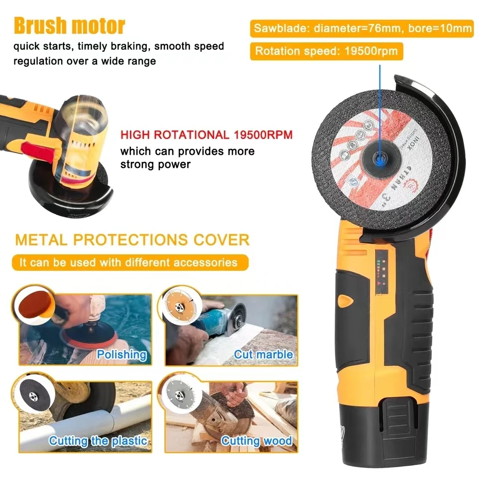 12V 19500rpm Angle Grinder with Battery Indicator Electric Grinding Cordless Mini Polishing Machine Diamond Cutting Grinder