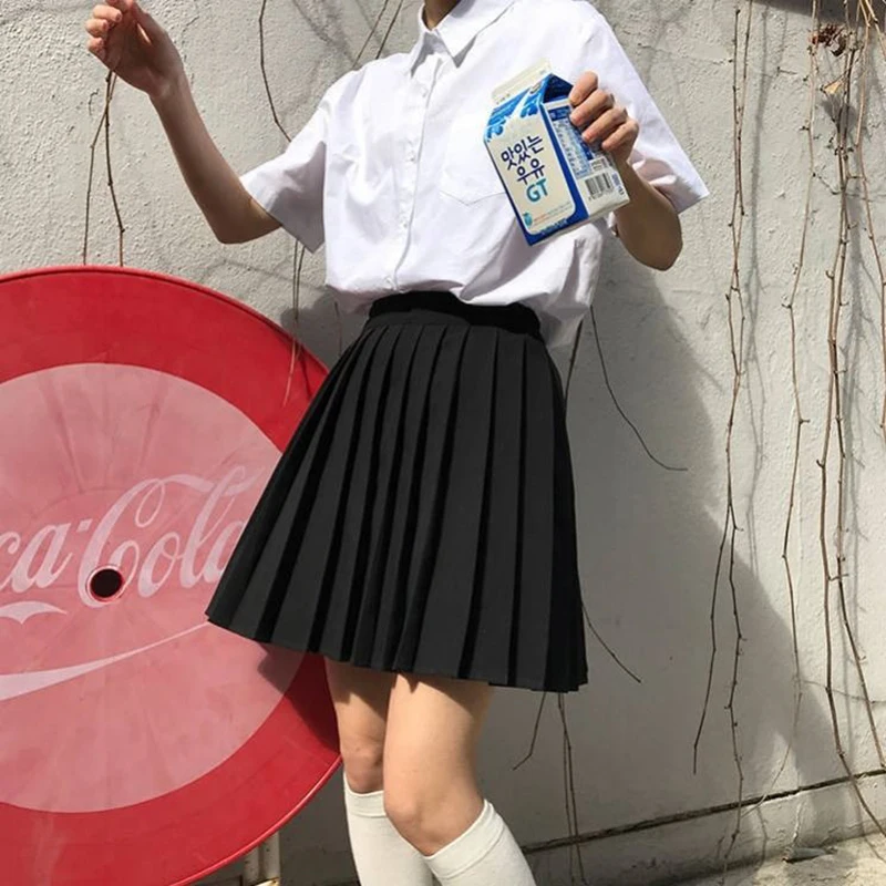 Pleated Skirts Women Summer High Waist Students Lovely Preppy Lolita Style College Womens Solid Ulzzang Fashion Korean  Ins