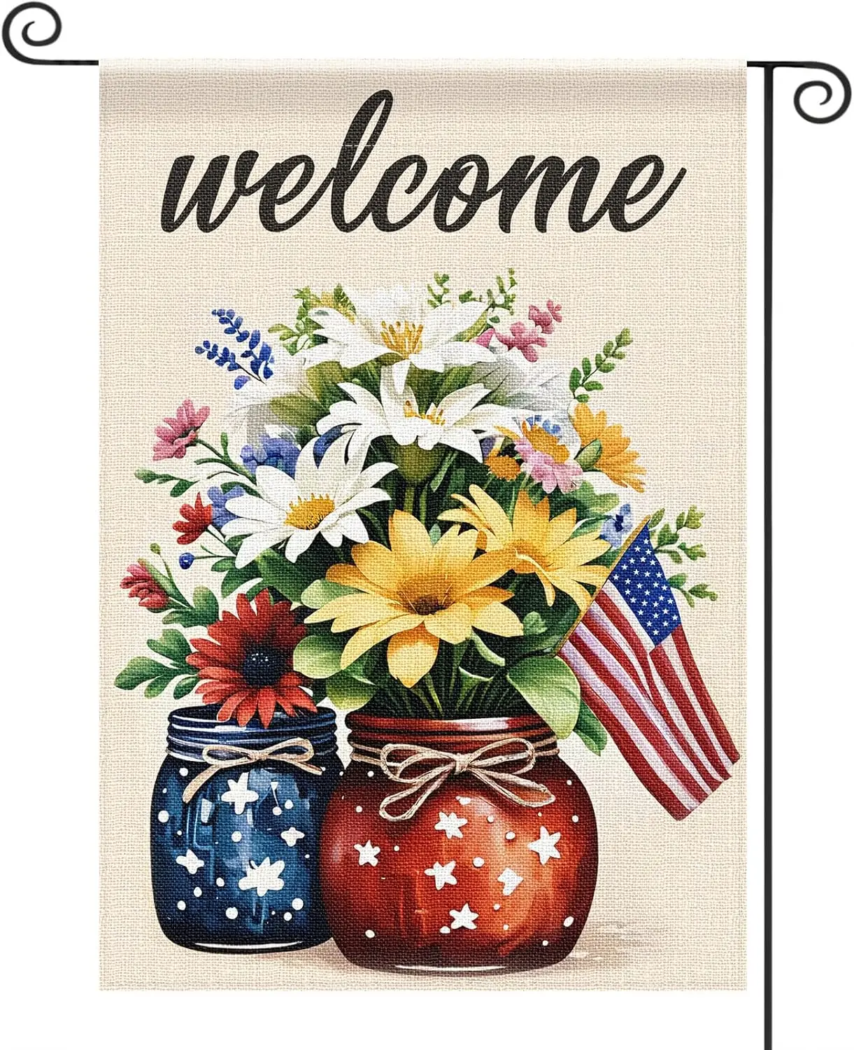 4th of July Floral Garden Flag 12x18 Inch, TMIYO Double Sided Patriotic Mason Jar Flowers American Flag for Outside, Independenc