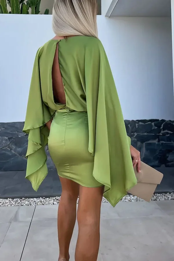 Bwq feminino elegante manga dividida cintura vestido de noite slash neck batwing seda cetim vestidos senhora sexy sem costas sólido vestido de festa