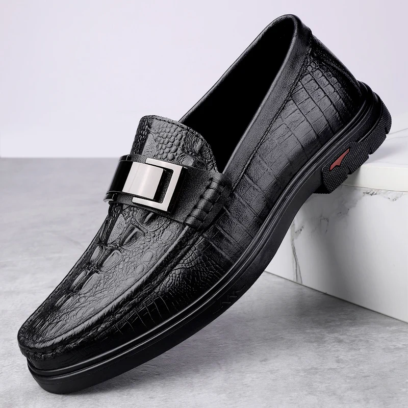 Autumn Fashion Brand Men's Round Crocodile Leather Top Layer Cowhide Casual Leather Shoes New Men's Comfortable Non Slip Loafers