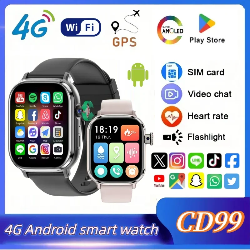4G Android Smartwatch CD99 Amoled Smartwatch+2/3/4pcs straps 256GB Rom Heart Rate SmartWatch Men Women Support SIM Card GPS WIFI