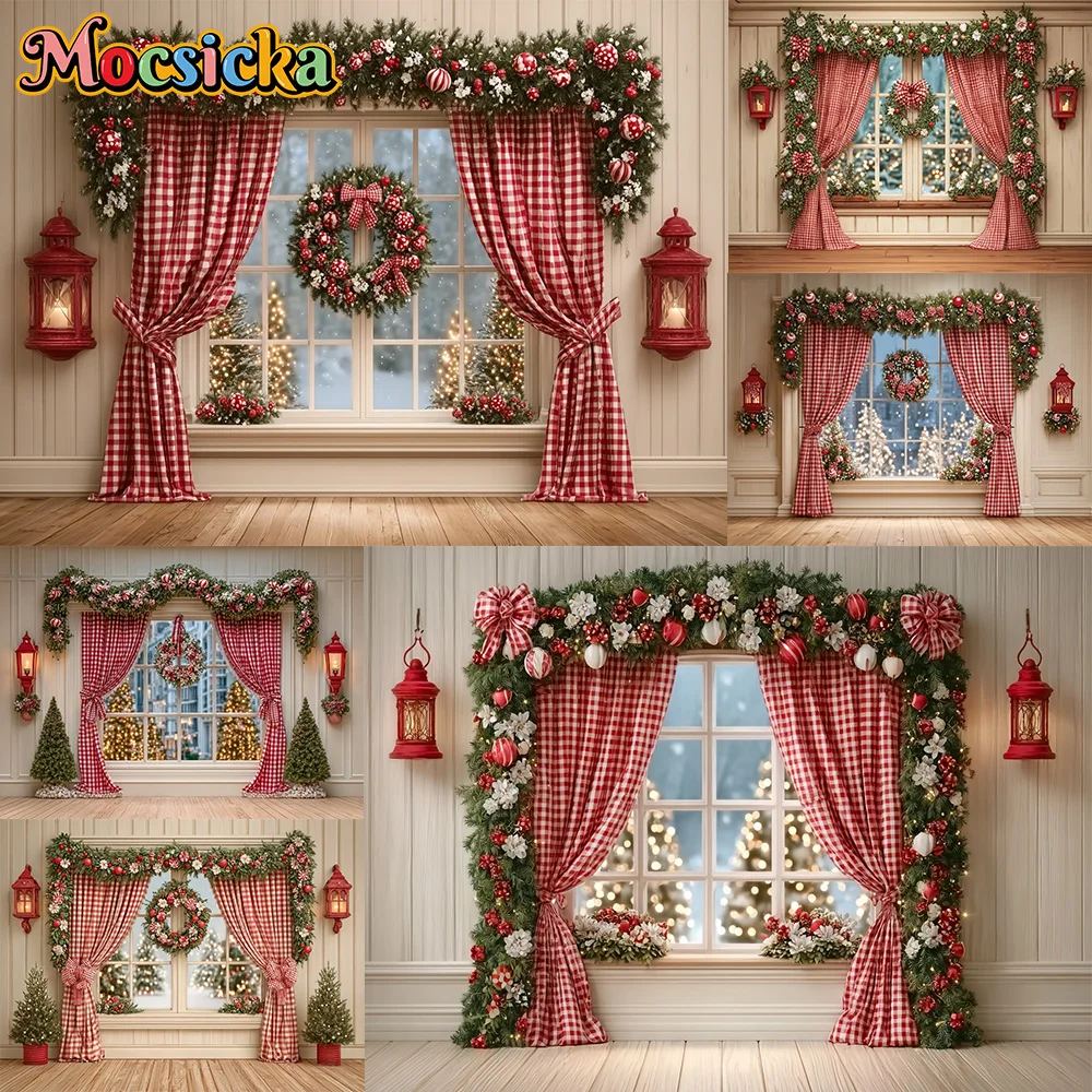 Mocsicka Photography Background Christmas Curtain Wreath Window Decoration Family Xmas Holiday Party Portrait Photo Studio Props