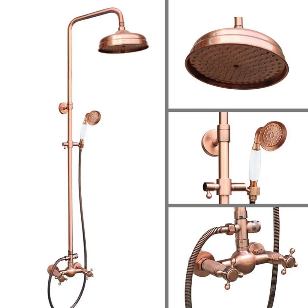 

Antique Red Copper Bathroom Wall Mounted 8" Shower Head Rain Shower Faucet Set / Dual Handles Mixer Tap + Handheld Shower trg524