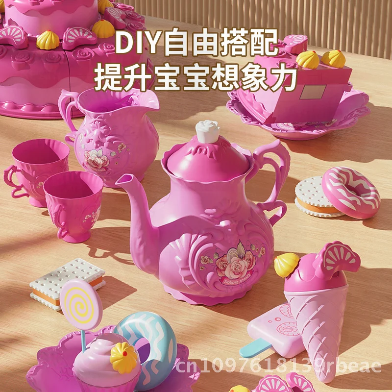 Girls Cake Cutting Music Light Simulation Tea Set Toy 3-Layer Dessert Playhouse Candle Afternoon Tea Play Kitchen Simulation