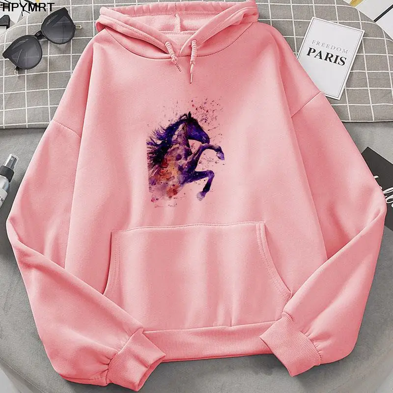 

2022 Women Autumn And Winter Sweatshirt Ladies Hooded Cartoon horse Printing Casual Pullovers women's loose Long Sleeve Clothes