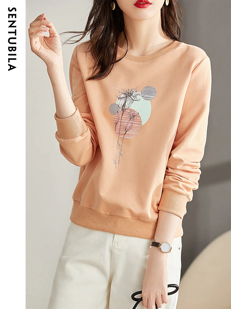 Sentubila Camisolas Casuais para As Mulheres 2023 Primavera Moda Algodão Solto Reta Pullovers O-pescoço Art Print Manga Longa Tops