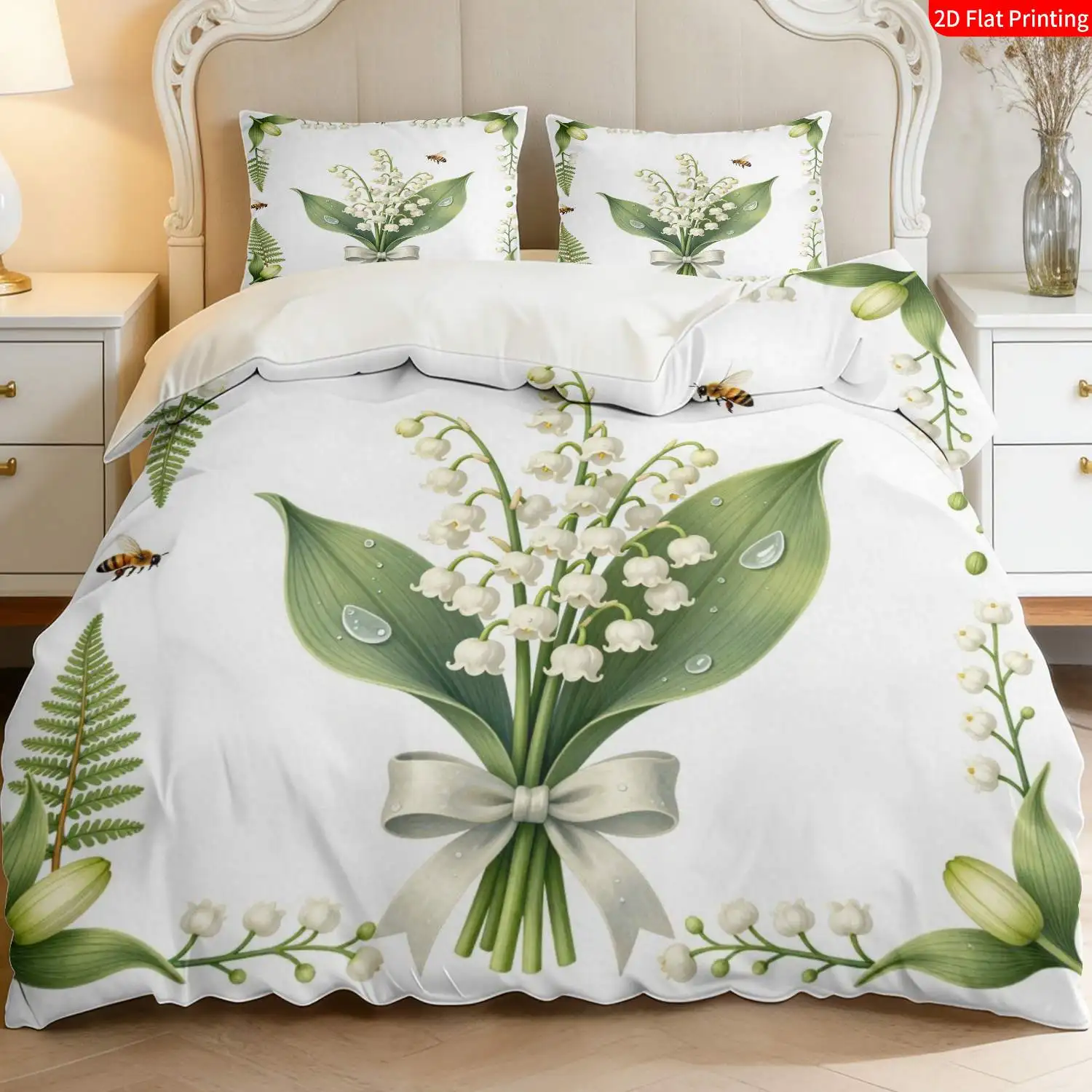 The Latest Printed Quilt Cover Set, 3-Piece Set, 1 Quilt Cover + 2 Pillowcases (Without Filling) 2D Flat Lily of the Valley and Bee Print Plant Bedspread Elegant Fern Print Quilt Cover 3-Piece Printed Quilt Cover Set for Cozy Bedroom Decor (Suitable for All Seasons, Machine Washable, Invisible Zipper, Large Quilt Cover Set, Bedding Set Quilt Cover