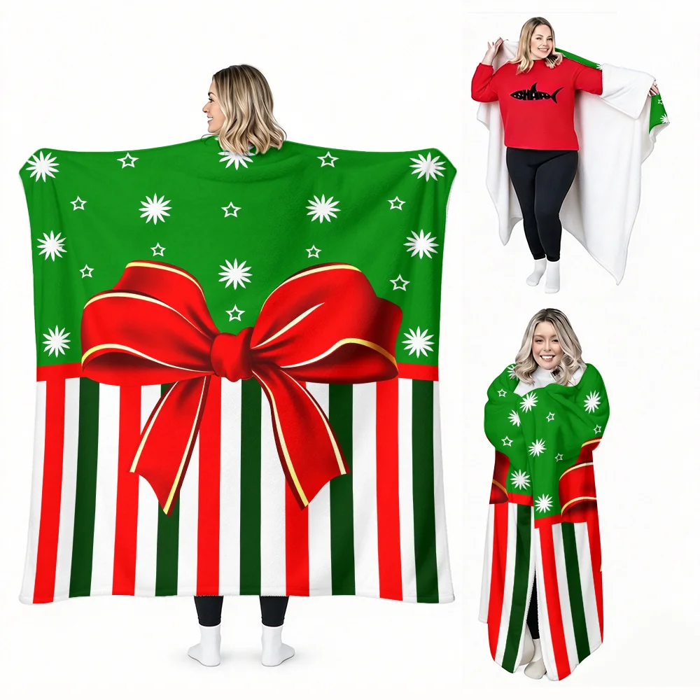 1PC Christmas Bow Print Wearable Blanket-Soft and comfortable for both men and women. Great for everyday use, holiday gifts, cam