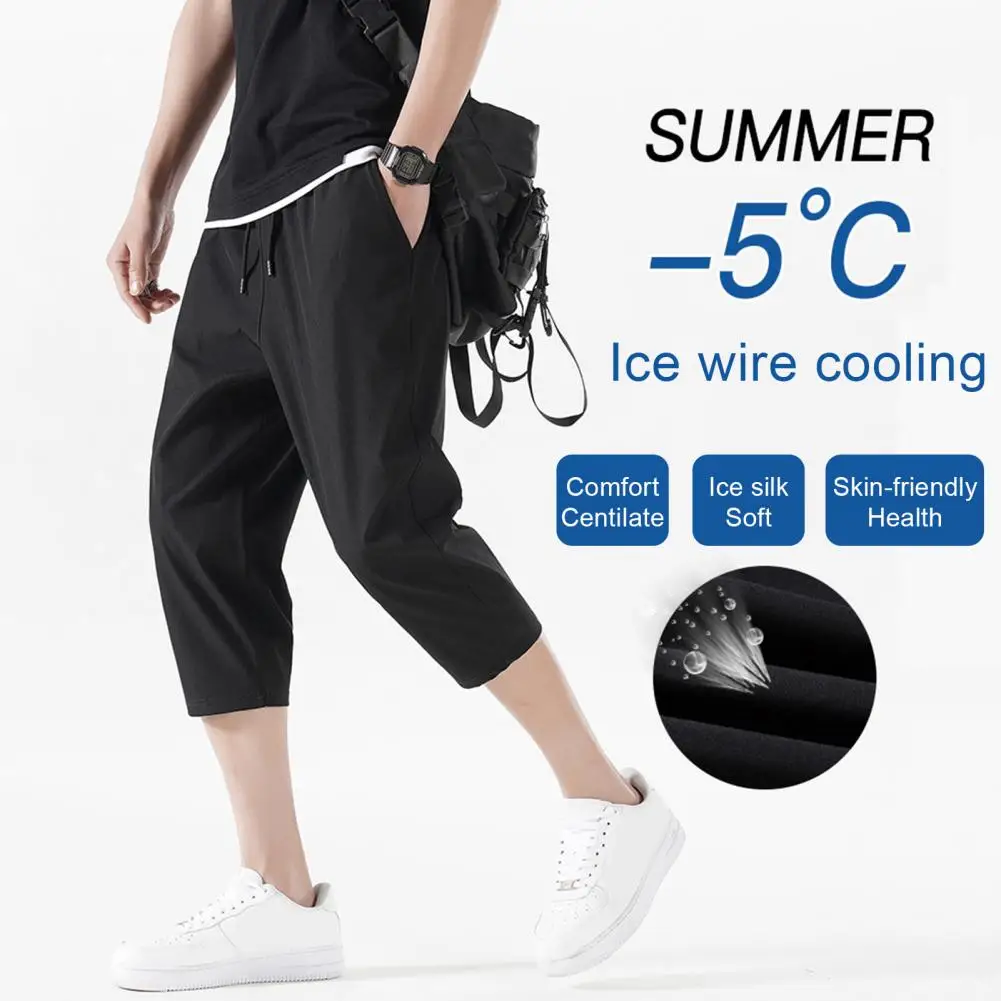 Men Cropped Pants Elastic Waistband Drawstring Design Quick-Drying Breathable Fabric Loose Fit Sports Leisure Summer Male Pants